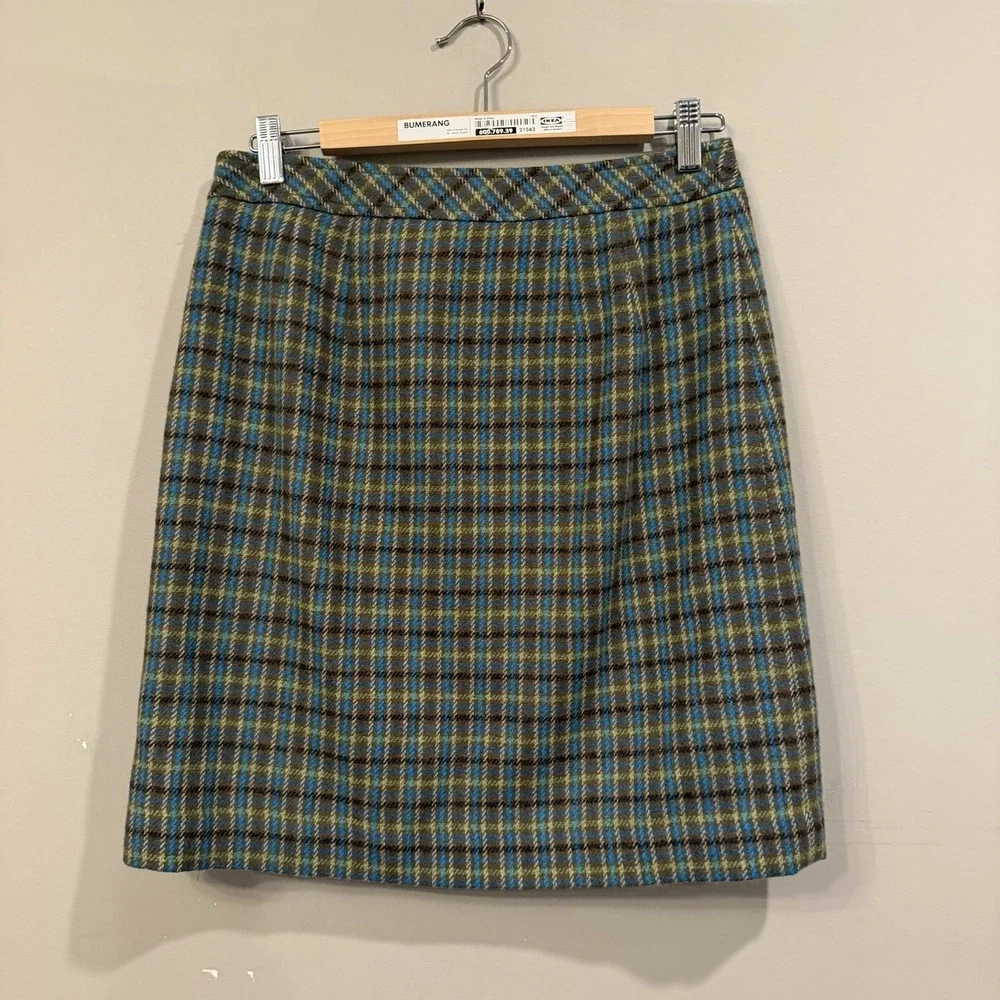 Talbots Blue Green Plaid Wool Faux Wrap Mini Skirt Fall Festival Preppy Size 4